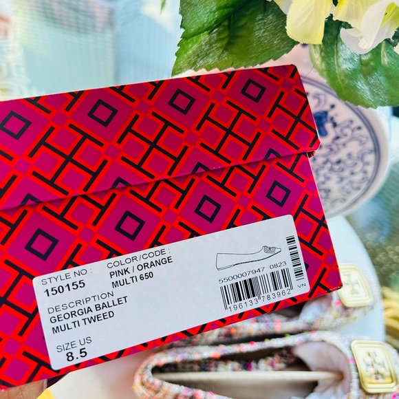 NWT - TORY BURCH GEORGIA BALLET MULTI TWEED FLAT - PINK/ORANGE - SIZE 8.5 - Picture 5 of 9